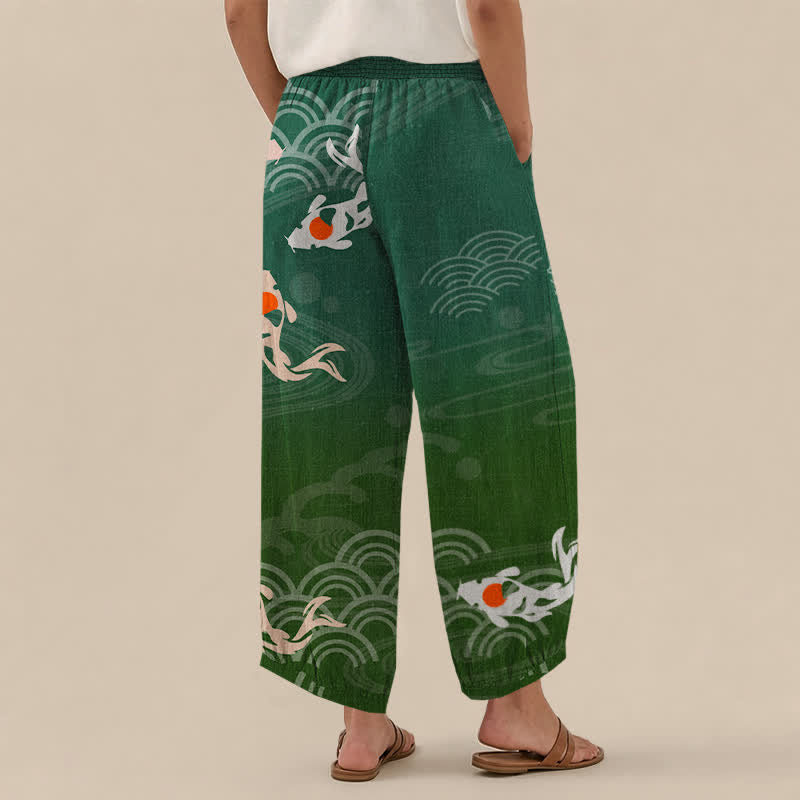 Buddha Stones Cotton Japanese Wave Koi Fish Pattern Pleated Elastic Waist Women's Harem Pants With Pockets - image 12