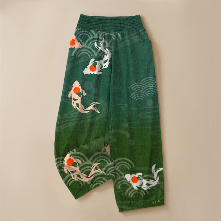 Buddha Stones Cotton Japanese Wave Koi Fish Pattern Pleated Elastic Waist Women's Harem Pants With Pockets - image 13