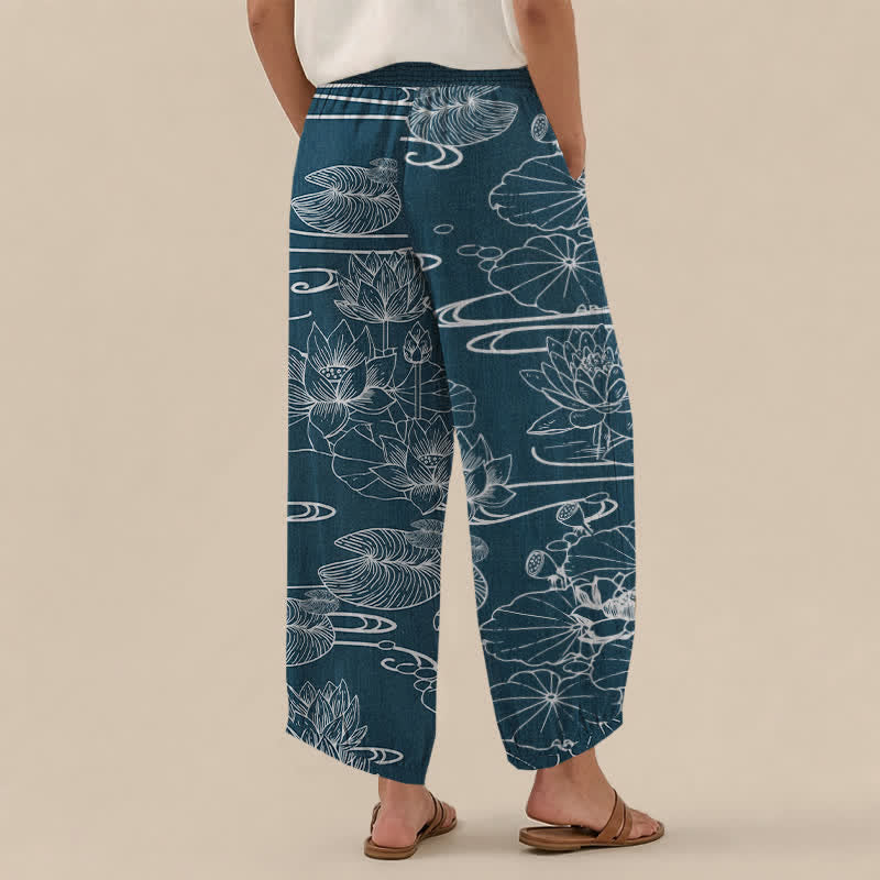 Buddha Stones Cotton Lotus Leaf Ink Pattern Pleated Elastic Waist Women's Harem Pants With Pockets - image 2
