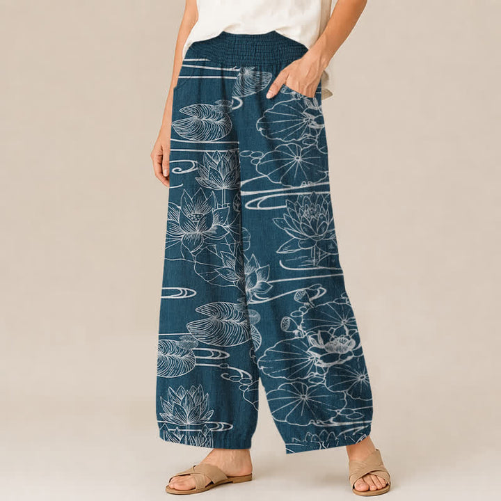 Buddha Stones Cotton Lotus Leaf Ink Pattern Pleated Elastic Waist Women's Harem Pants With Pockets - image 1