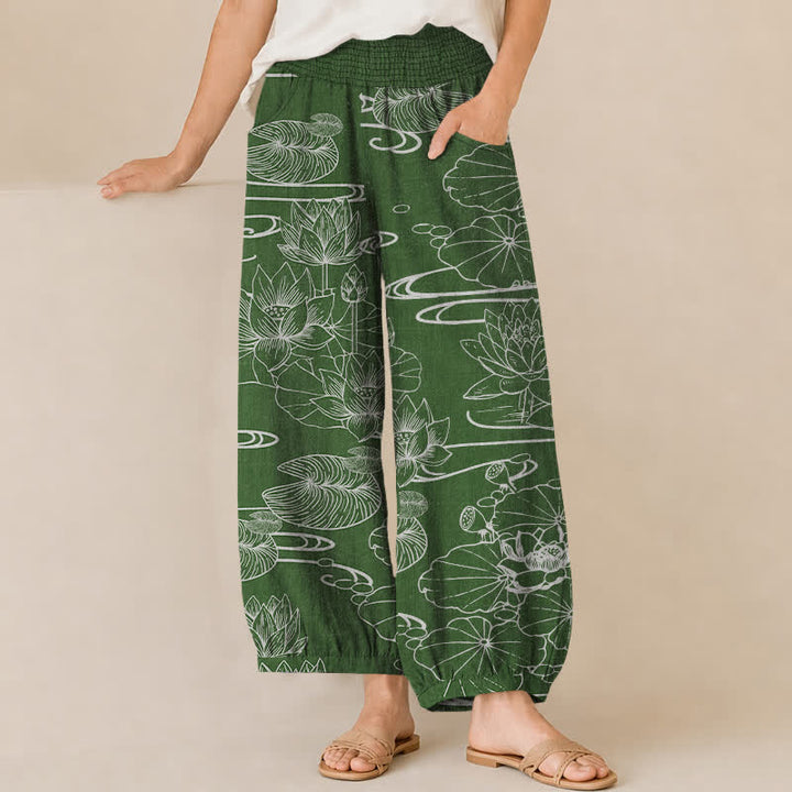 Buddha Stones Cotton Lotus Leaf Ink Pattern Pleated Elastic Waist Women's Harem Pants With Pockets - DarkSeaGreen - US16，UK/AU20，EU48 (3XL) - image 6
