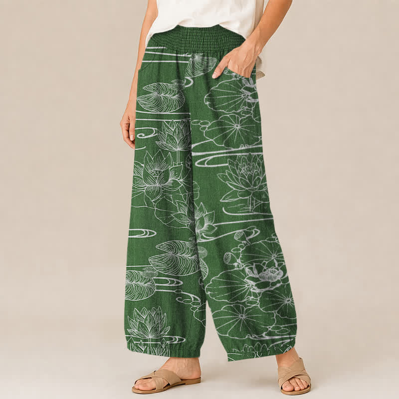 Buddha Stones Cotton Lotus Leaf Ink Pattern Pleated Elastic Waist Women's Harem Pants With Pockets - image 7