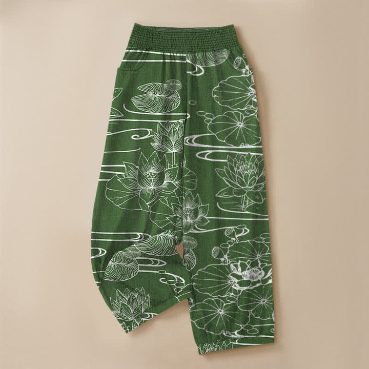 Buddha Stones Cotton Lotus Leaf Ink Pattern Pleated Elastic Waist Women's Harem Pants With Pockets - image 9