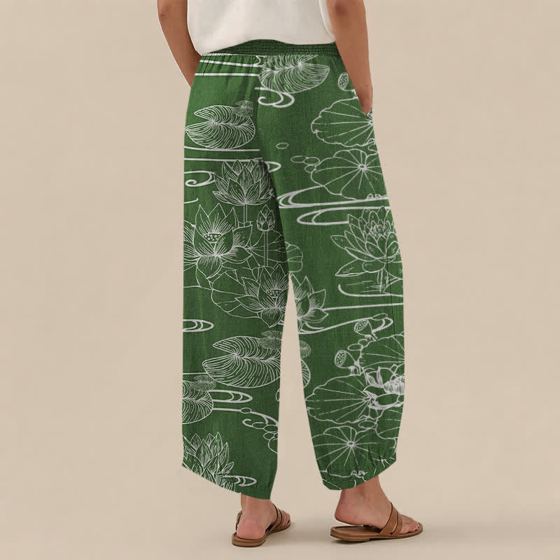 Buddha Stones Cotton Lotus Leaf Ink Pattern Pleated Elastic Waist Women's Harem Pants With Pockets - image 8
