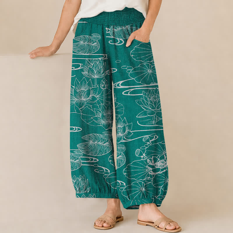Buddha Stones Cotton Lotus Leaf Ink Pattern Pleated Elastic Waist Women's Harem Pants With Pockets - MediumTurquoise - US16，UK/AU20，EU48 (3XL) - image 10
