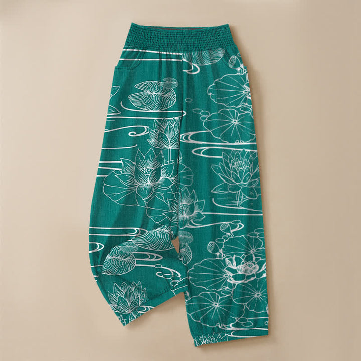Buddha Stones Cotton Lotus Leaf Ink Pattern Pleated Elastic Waist Women's Harem Pants With Pockets - image 13