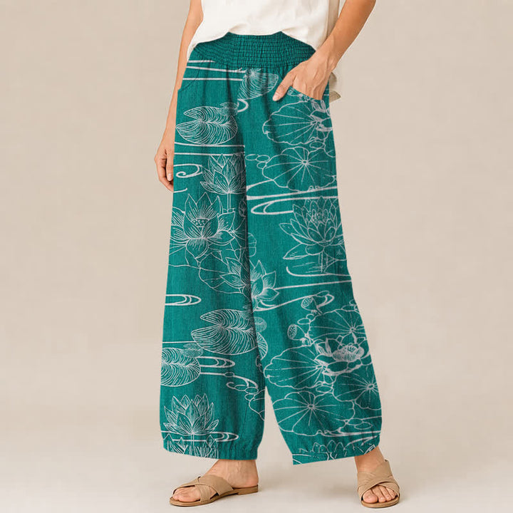 Buddha Stones Cotton Lotus Leaf Ink Pattern Pleated Elastic Waist Women's Harem Pants With Pockets - image 11