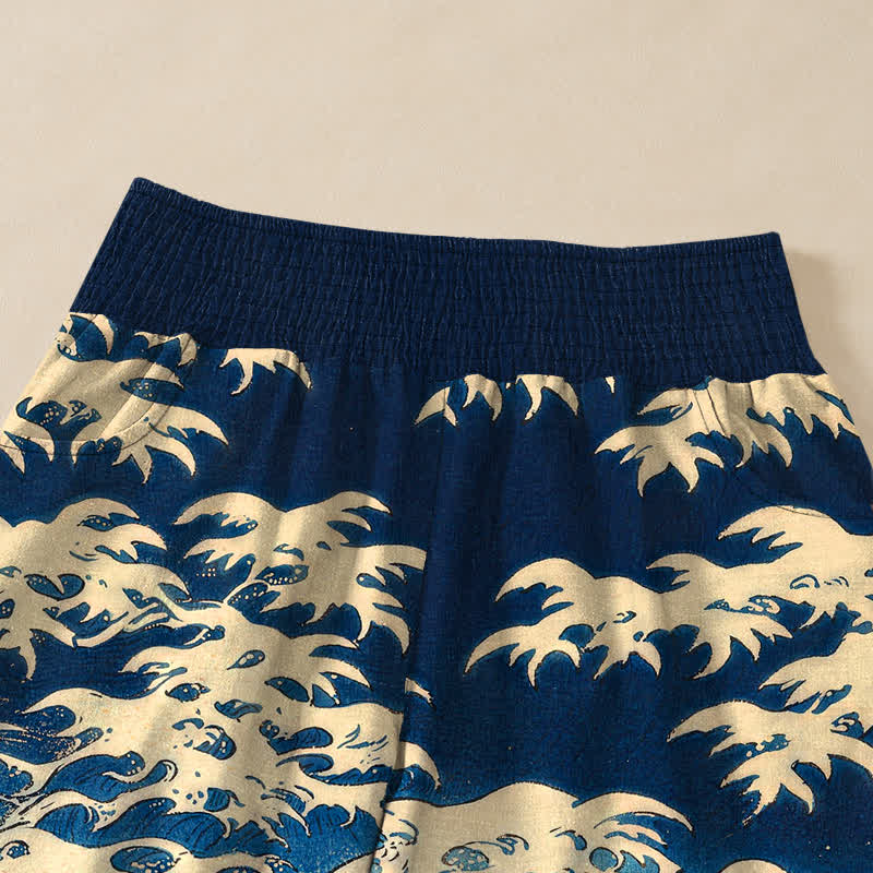 Buddha Stones Cotton Ocean Koi Fish Wave Pattern Pleated Elastic Waist Women's Harem Pants With Pockets - image 4