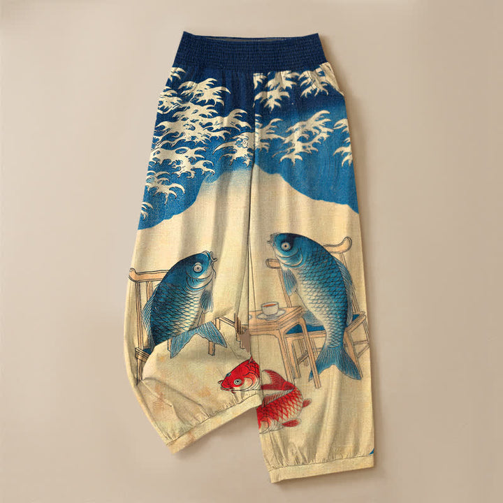 Buddha Stones Cotton Ocean Koi Fish Wave Pattern Pleated Elastic Waist Women's Harem Pants With Pockets - image 3