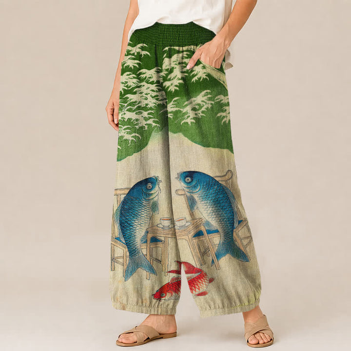 Buddha Stones Cotton Ocean Koi Fish Wave Pattern Pleated Elastic Waist Women's Harem Pants With Pockets - image 11