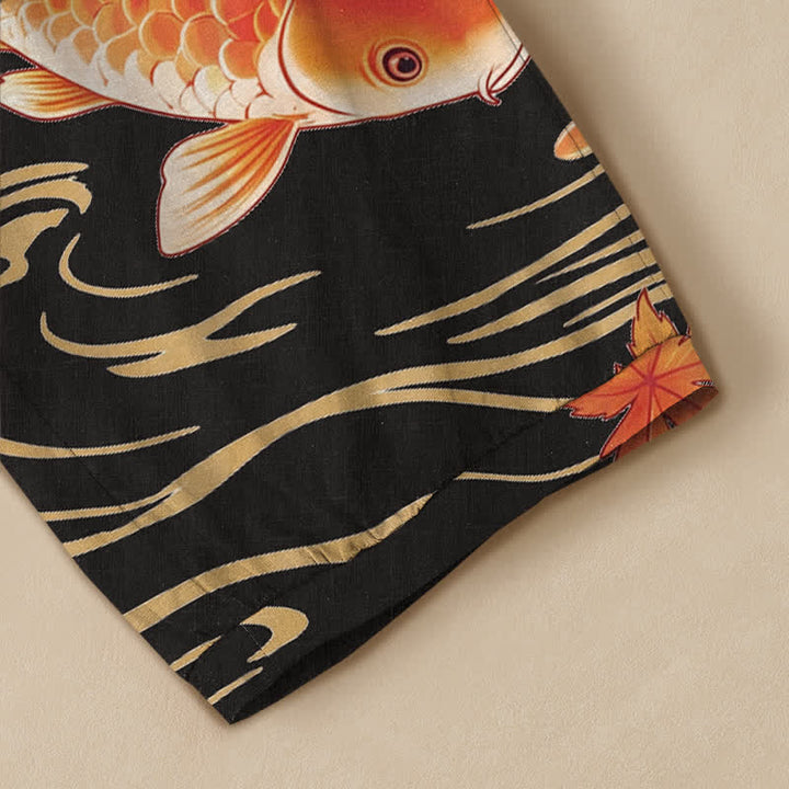Buddha Stones Cotton Koi Fish Red Maple Wave Pattern Pleated Elastic Waist Women's Harem Pants With Pockets - image 5