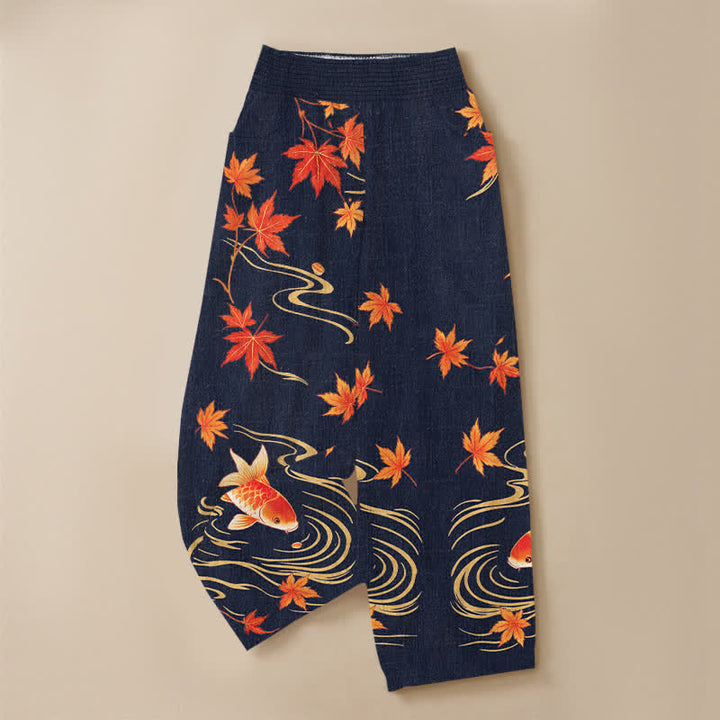 Buddha Stones Cotton Koi Fish Red Maple Wave Pattern Pleated Elastic Waist Women's Harem Pants With Pockets - image 9