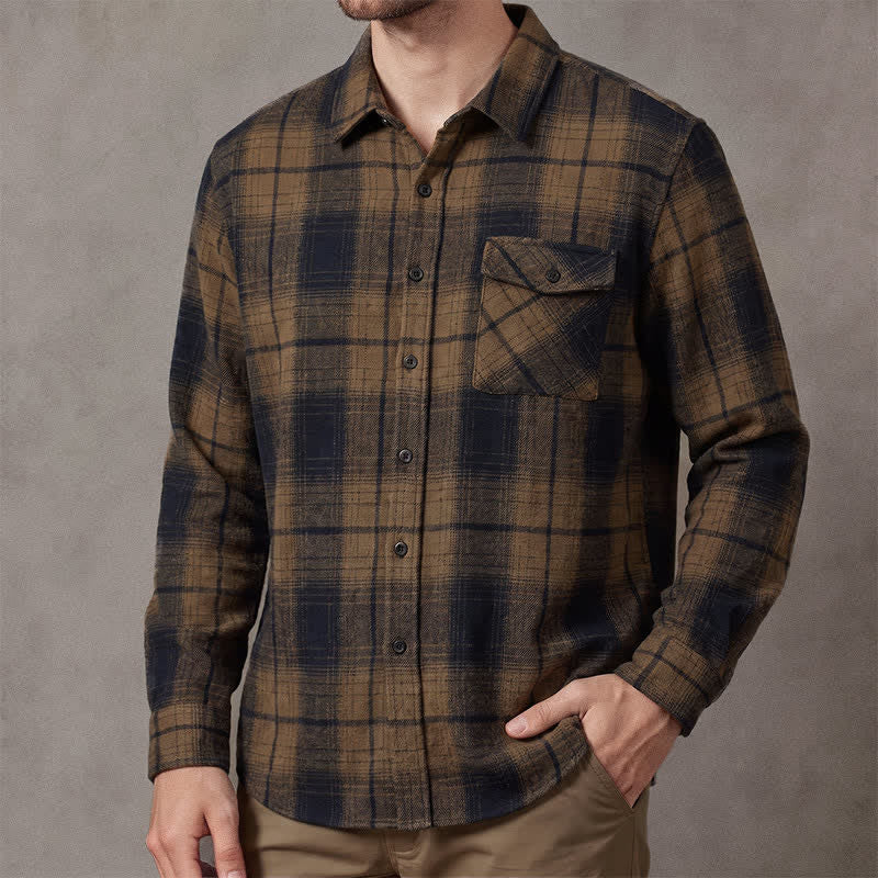 Buddha Stones Fall Winter Vintage Button-Up Plaid Men's Long Sleeve Shirts With Chest Pocket - DarkGoldenrod - US/UK/AU42, EU52 (2XL) - image 0