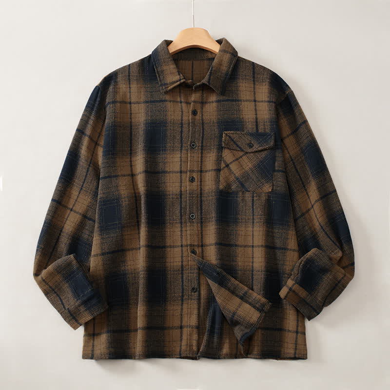 Buddha Stones Fall Winter Vintage Button-Up Plaid Men's Long Sleeve Shirts With Chest Pocket - image 1