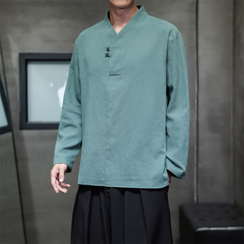 Buddha Stones Spring Fall Casual Tang Style Mandarin Collar Solid Cotton Linen Men's Long Sleeve Shirts - CadetBlue - US/UK/AU46，EU56 (5XL) - image 0