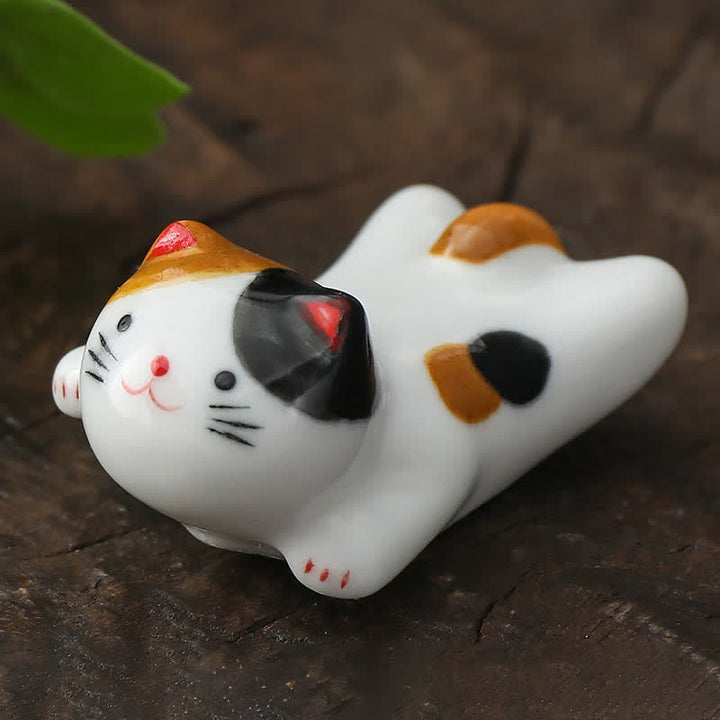 Buddha Stones Hand-Painted Small Cute Cat Ceramic Chopstick Holder - Brown Black Approx. 5.1 × 3.1 × 2.5 cm - image 1