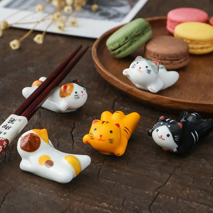 Buddha Stones Hand-Painted Small Cute Cat Ceramic Chopstick Holder - image 0