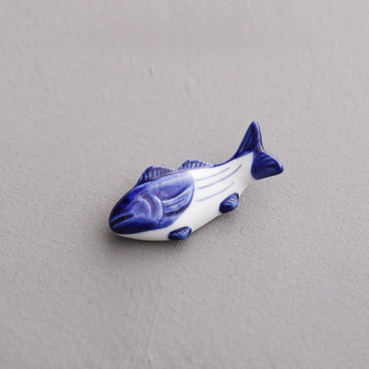 Buddha Stones Blue and White Green Ceramic Fish Chopstick Holder - Salmon Approx. 6.5 × 3.0 × 1.6 cm - Ceramic - image 1