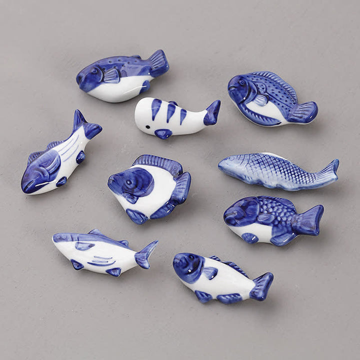 Buddha Stones Blue and White Green Ceramic Fish Chopstick Holder - image 0