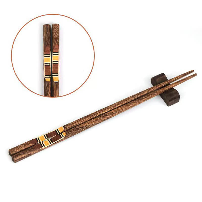 Buddha Stones Wenge Wood Retro Geometric Inlaid Japanese Style Grounding Chopsticks - Yellow-Brown - 6 Pairs Set (One Pcs For Each Pattern) - image 5
