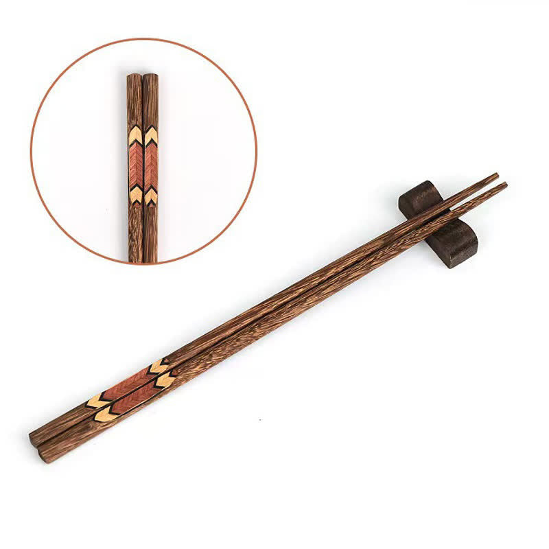 Buddha Stones Wenge Wood Retro Geometric Inlaid Japanese Style Grounding Chopsticks - Brown Black Lines - 6 Pairs Set (One Pcs For Each Pattern) - image 8