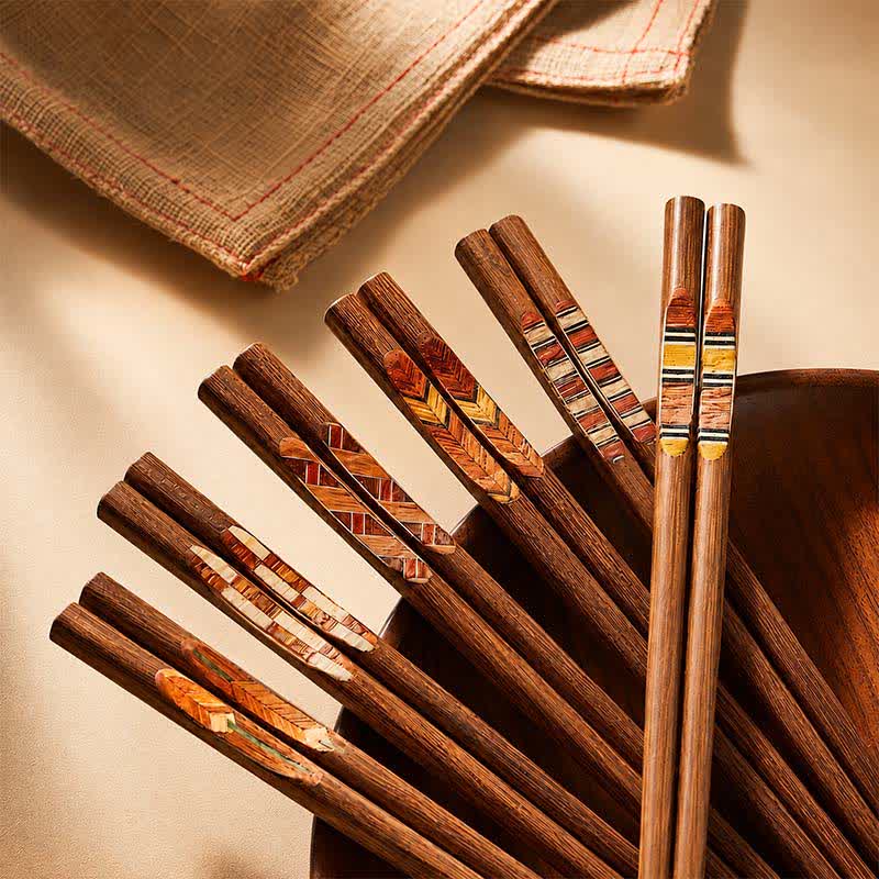 Buddha Stones Wenge Wood Retro Geometric Inlaid Japanese Style Grounding Chopsticks - Set - 6 Pairs Set (One Pcs For Each Pattern) - image 0