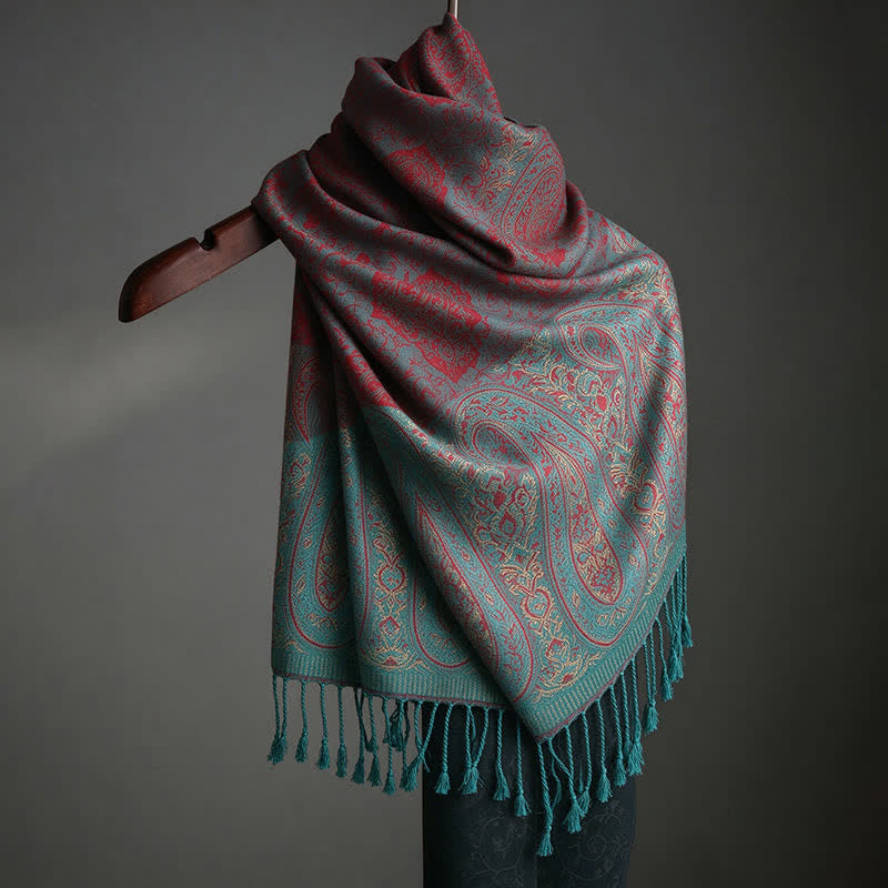 Buddha Stones Spring Fall Paisley Tassel Elegant Women's Scarf - Cyan Red - Approx. 70 × 200 cm - image 11