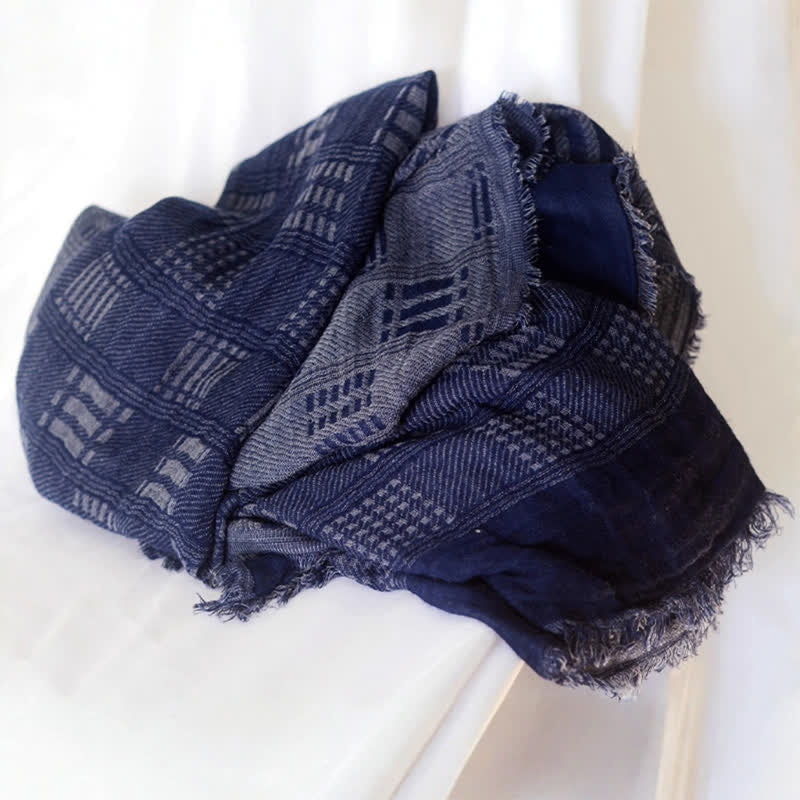 Buddha Stones Spring Fall Deep Blue Geometric Fringed Men's Scarf - image 9