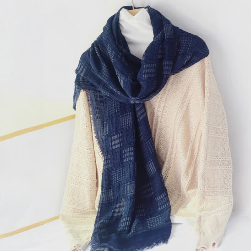 Buddha Stones Spring Fall Deep Blue Geometric Fringed Men's Scarf - image 8