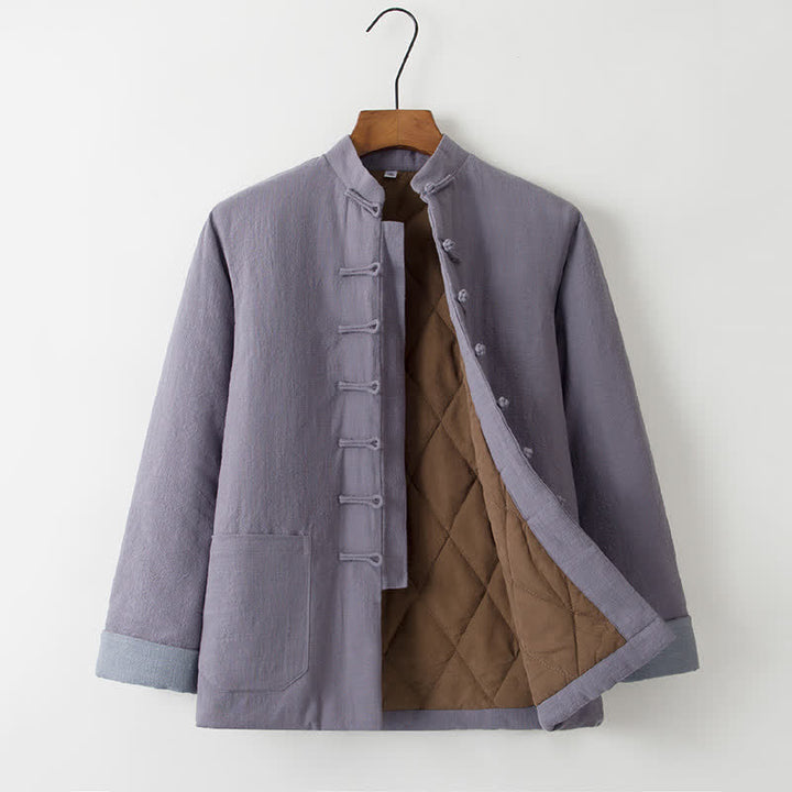 Buddha Stones Fall Winter Casual Tang Style Mandarin Collar Frog Button Solid Thickened Men's Jacket With Pockets - Gray - US/UK/AU44，EU54 (4XL) - image 10