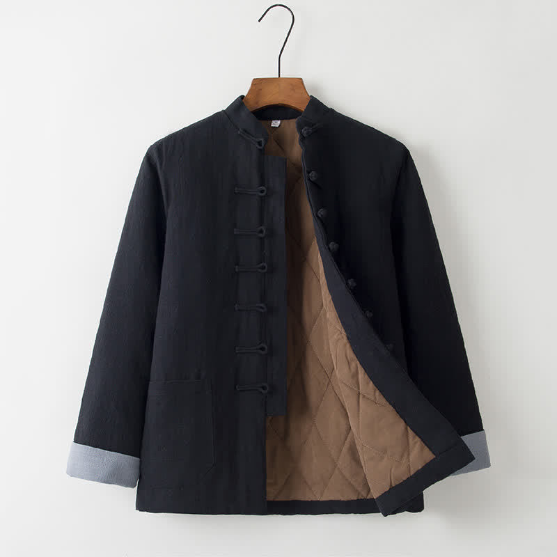Buddha Stones Fall Winter Casual Tang Style Mandarin Collar Frog Button Solid Thickened Men's Jacket With Pockets - Black - US/UK/AU44，EU54 (4XL) - image 9