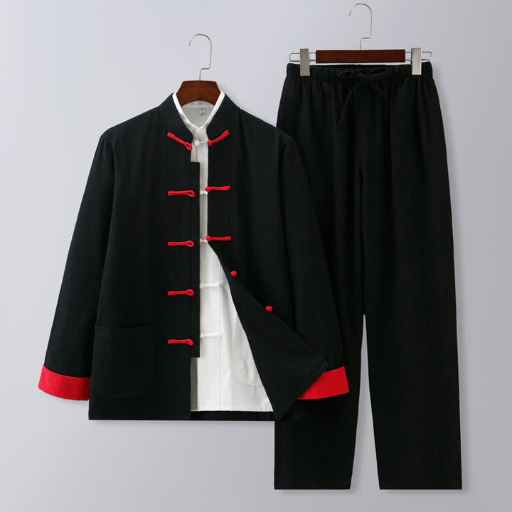 Buddha Stones Fall Winter Tang Style Meditation Mandarin Collar Frog Button Solid Cotton Linen Men's Meditation Cloth Set - Black Red Buttons - US/UK/AU46，EU56 (5XL) - image 9