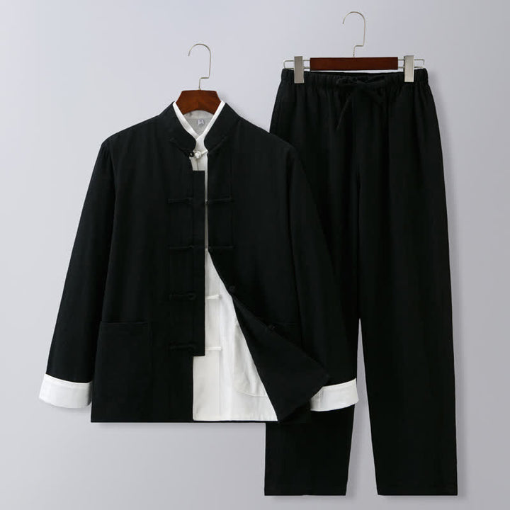 Buddha Stones Fall Winter Tang Style Meditation Mandarin Collar Frog Button Solid Cotton Linen Men's Meditation Cloth Set - Black White Sleeves - US/UK/AU46，EU56 (5XL) - image 10