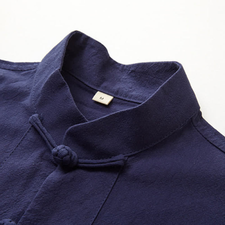 Buddha Stones Fall Winter Tang Style Meditation Mandarin Collar Frog Button Solid Cotton Linen Men's Meditation Cloth Set - image 3