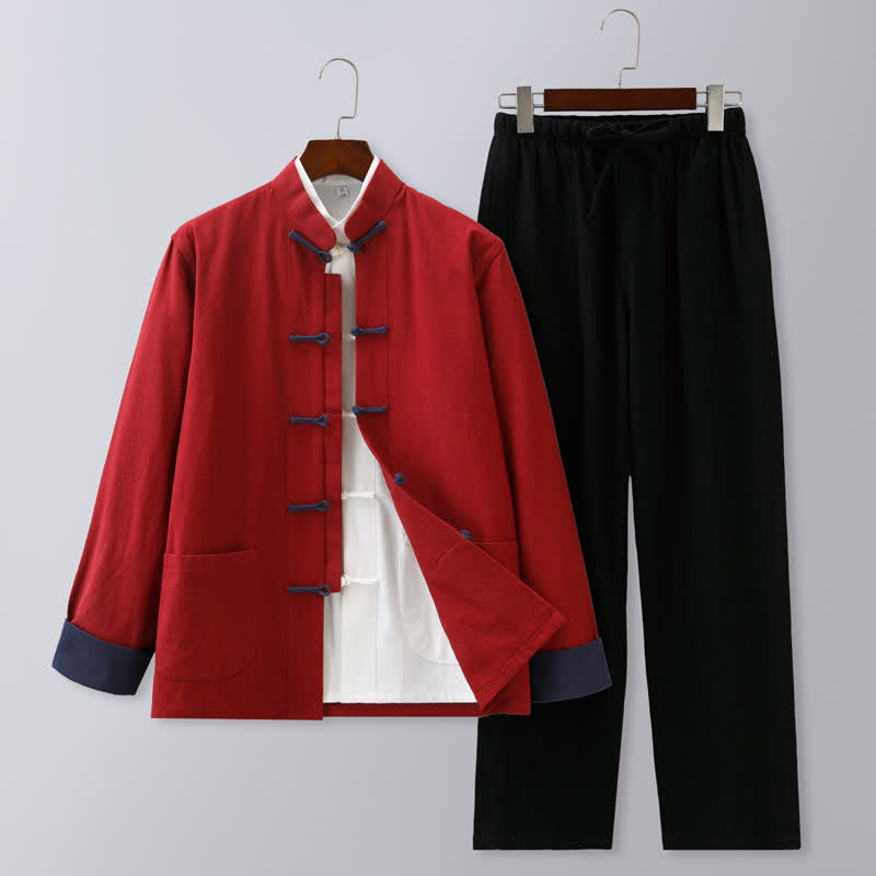Buddha Stones Fall Winter Tang Style Meditation Mandarin Collar Frog Button Solid Cotton Linen Men's Meditation Cloth Set - Red Blue Buttons Black Pants - US/UK/AU46，EU56 (5XL) - image 11
