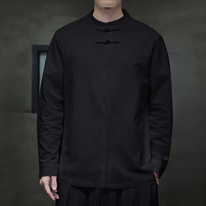 Buddha Stones Spring Tang Style Minimalist Frog Button Solid Men's Long Sleeve Shirts - image 16