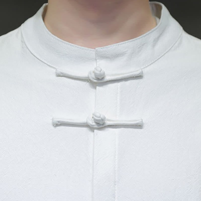 Buddha Stones Spring Tang Style Minimalist Frog Button Solid Men's Long Sleeve Shirts - image 9