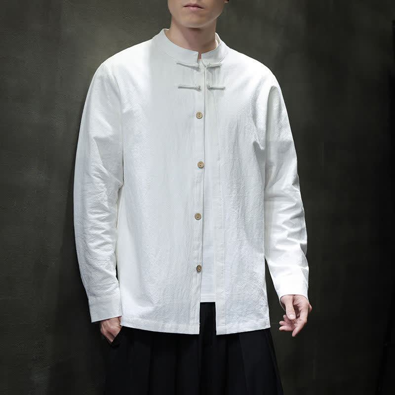 Buddha Stones Spring Tang Style Minimalist Frog Button Solid Men's Long Sleeve Shirts - image 7