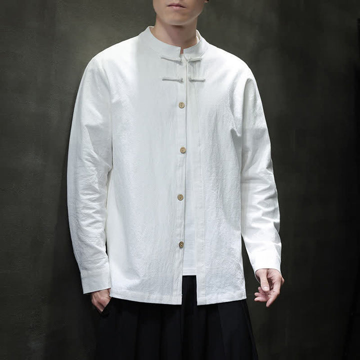 Buddha Stones Spring Tang Style Minimalist Frog Button Solid Men's Long Sleeve Shirts - image 7