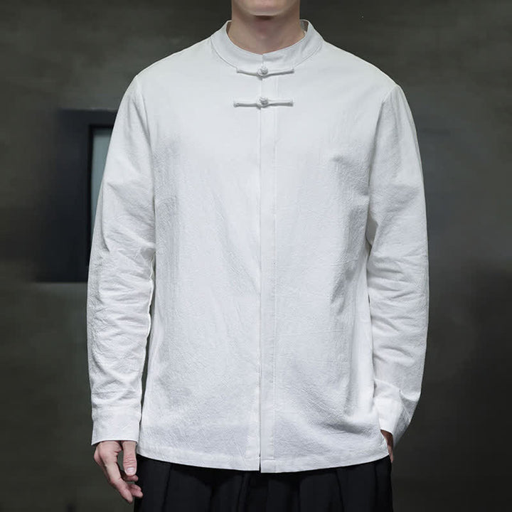 Buddha Stones Spring Tang Style Minimalist Frog Button Solid Men's Long Sleeve Shirts - image 1