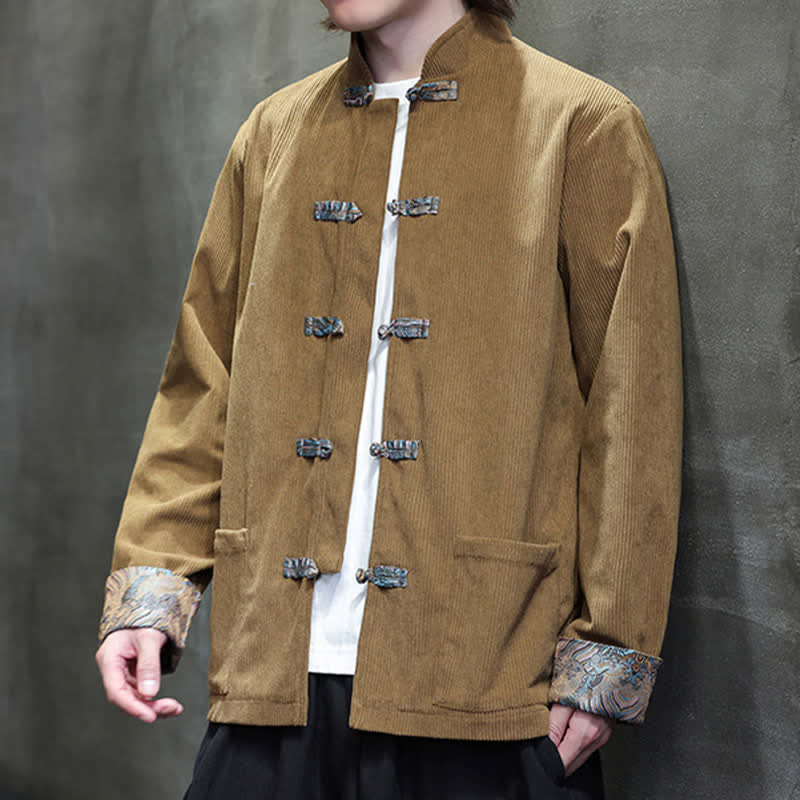 Buddha Stones Fall Winter Casual Retro Tang Style Mandarin Collar Solid Corduroy Men's Jackets With Pocket - image 3