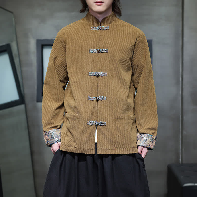 Buddha Stones Fall Winter Casual Retro Tang Style Mandarin Collar Solid Corduroy Men's Jackets With Pocket - image 5
