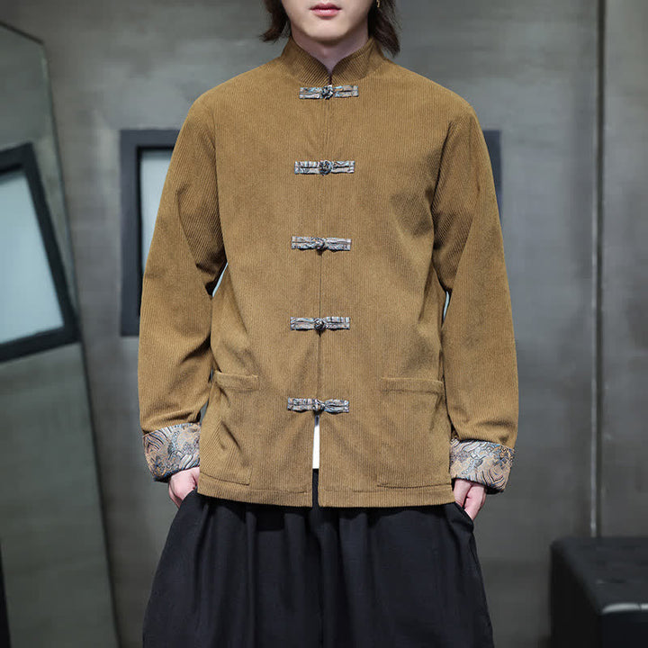 Buddha Stones Fall Winter Casual Retro Tang Style Mandarin Collar Solid Corduroy Men's Jackets With Pocket - image 5