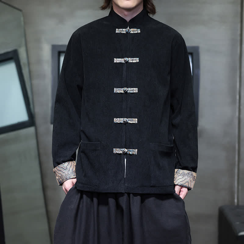 Buddha Stones Fall Winter Casual Retro Tang Style Mandarin Collar Solid Corduroy Men's Jackets With Pocket - image 15