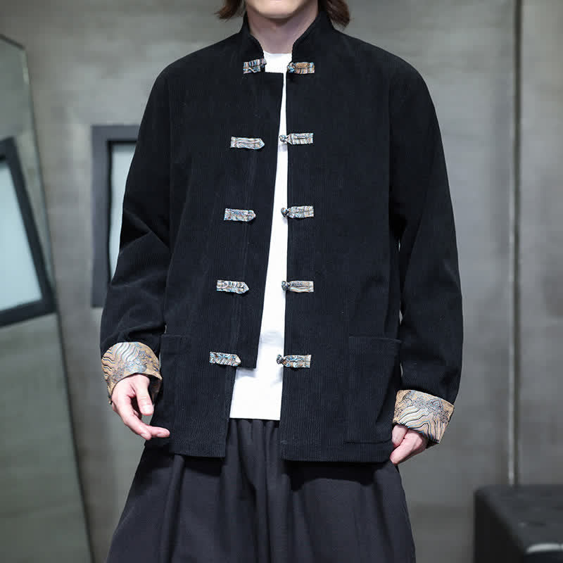 Buddha Stones Fall Winter Casual Retro Tang Style Mandarin Collar Solid Corduroy Men's Jackets With Pocket - Black - US/UK/AU46，EU56 (5XL) - image 11