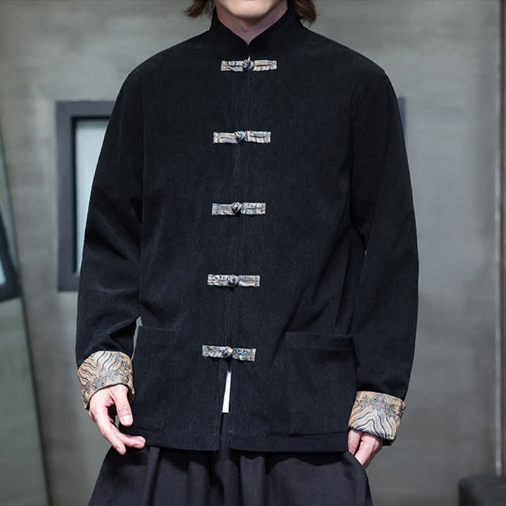 Buddha Stones Fall Winter Casual Retro Tang Style Mandarin Collar Solid Corduroy Men's Jackets With Pocket - image 18