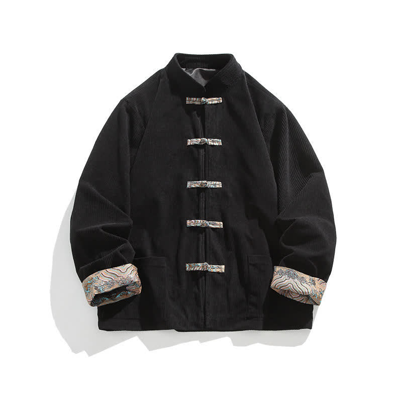 Buddha Stones Fall Winter Casual Retro Tang Style Mandarin Collar Solid Corduroy Men's Jackets With Pocket - image 20