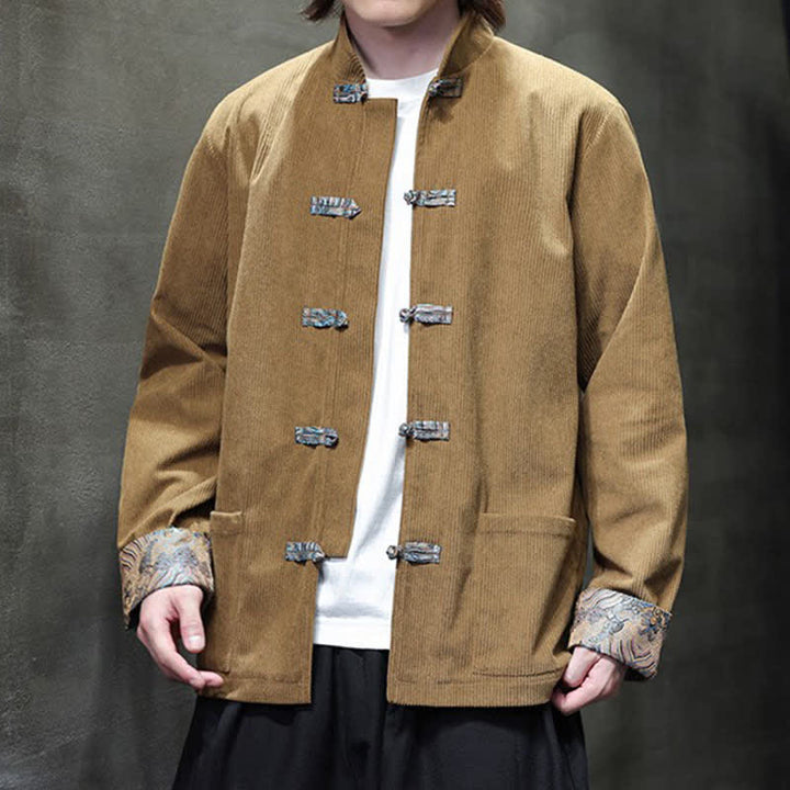 Buddha Stones Fall Winter Casual Retro Tang Style Mandarin Collar Solid Corduroy Men's Jackets With Pocket - image 1