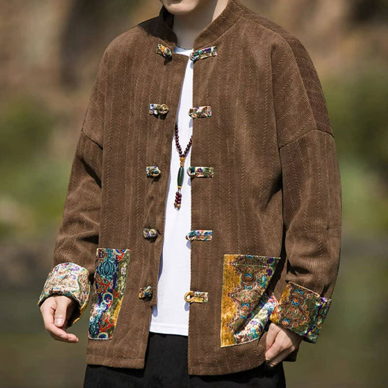 Buddha Stones Fall Winter Casual Tang Style Frog Button Solid Men's Jacket With Colorful Pockets - image 10