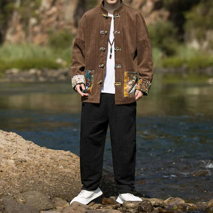 Buddha Stones Fall Winter Casual Tang Style Frog Button Solid Men's Jacket With Colorful Pockets - image 11